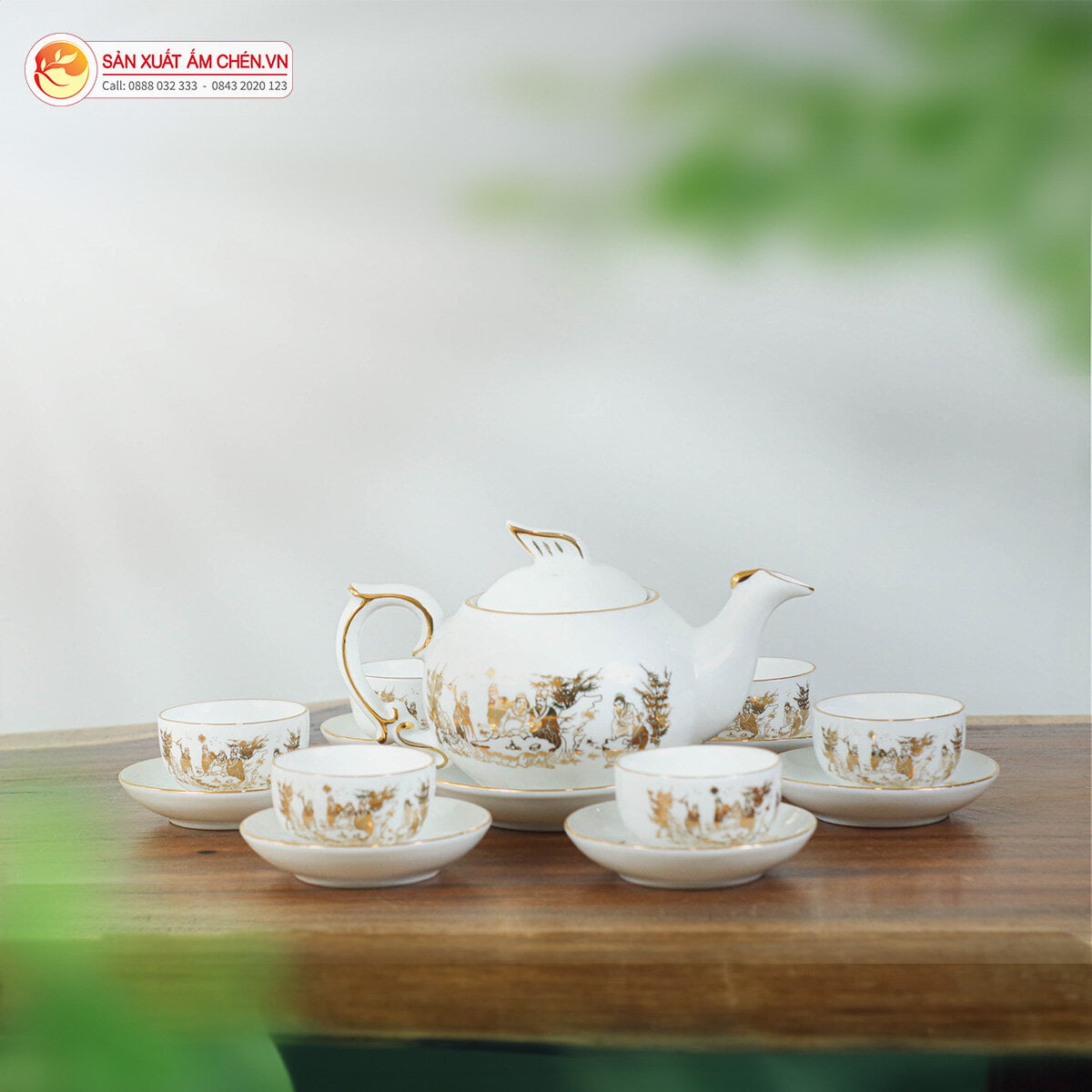Bộ Ấm Chén Bát Tràng Nắp Dáng Công Vẽ Trúc Long Thất Hiền