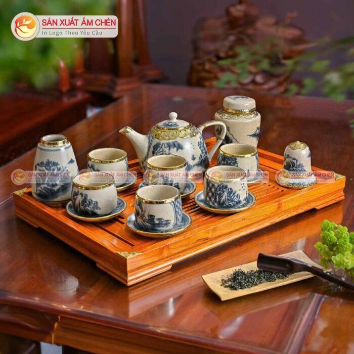 Bộ Ấm Chén Men Rạn Bọc Đồng Dáng Chuông Họa Tiết Sơn Thủy
