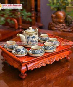 Bộ Ấm Chén Men Rạn Bọc Đồng Dáng Tròn Nắp Ngược Họa Tiết Sơn Thủy