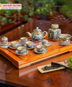 Bộ Ấm Chén Men Rạn Bọc Đồng Hoạ Tiết Sơn Thuỷ