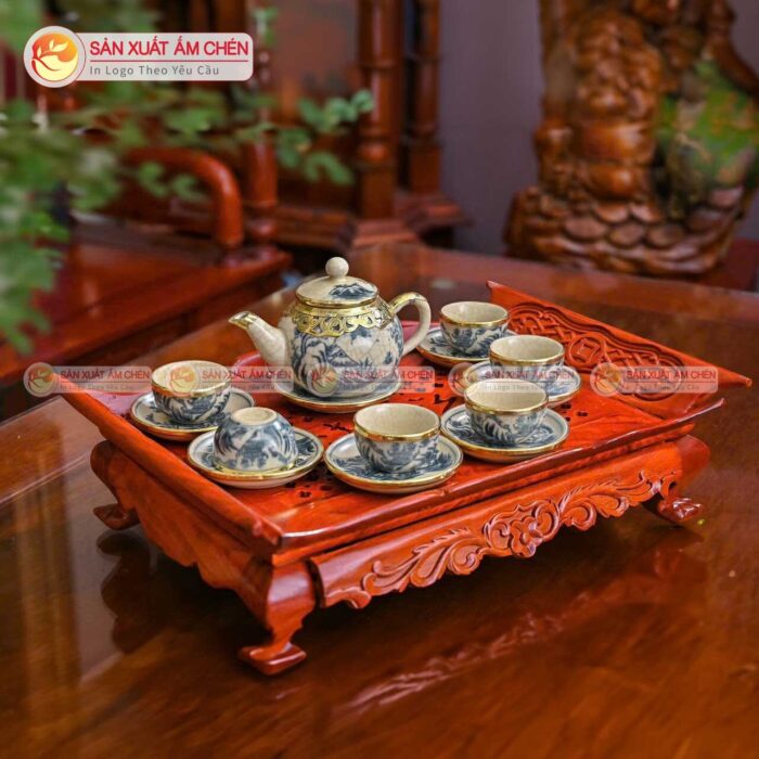 Bộ Ấm Chén Men Rạn Bọc Đồng, Hoạ Tiết Sơn Thuỷ Dáng Tròn