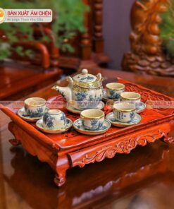 Bộ Ấm Chén Men Rạn Cổ Bọc Đồng Dáng Tròn Trụ Họa Tiết Trúc Lâm Thất Hiền
