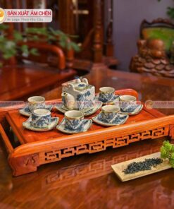 Bộ Ấm Chén Men Rạn Cổ Dáng Vuông Vẽ Sơn Thuỷ