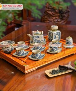 Bộ Ấm Chén Men Rạn Dáng Vuông Vẽ Sơn Thuỷ