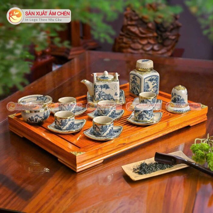 Bộ Ấm Chén Men Rạn Dáng Vuông Vẽ Sơn Thuỷ