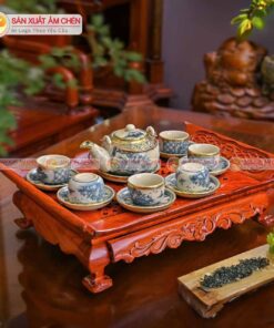 Bộ Ấm Trà Men Rạn Bọc Đồng Vẽ Sơn Thuỷ Dáng Tròn Dẹp