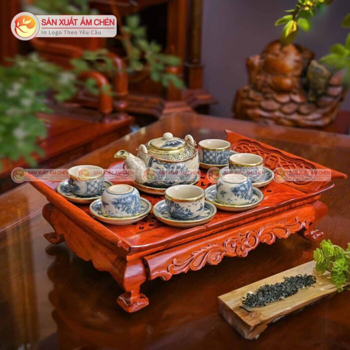 Bộ Ấm Trà Men Rạn Bọc Đồng Vẽ Sơn Thuỷ Dáng Tròn Dẹp
