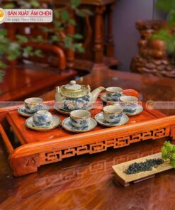 Bộ Ấm Trà Men Rạn Vẽ Sơn Thuỷ Dáng Tròn Dẹp