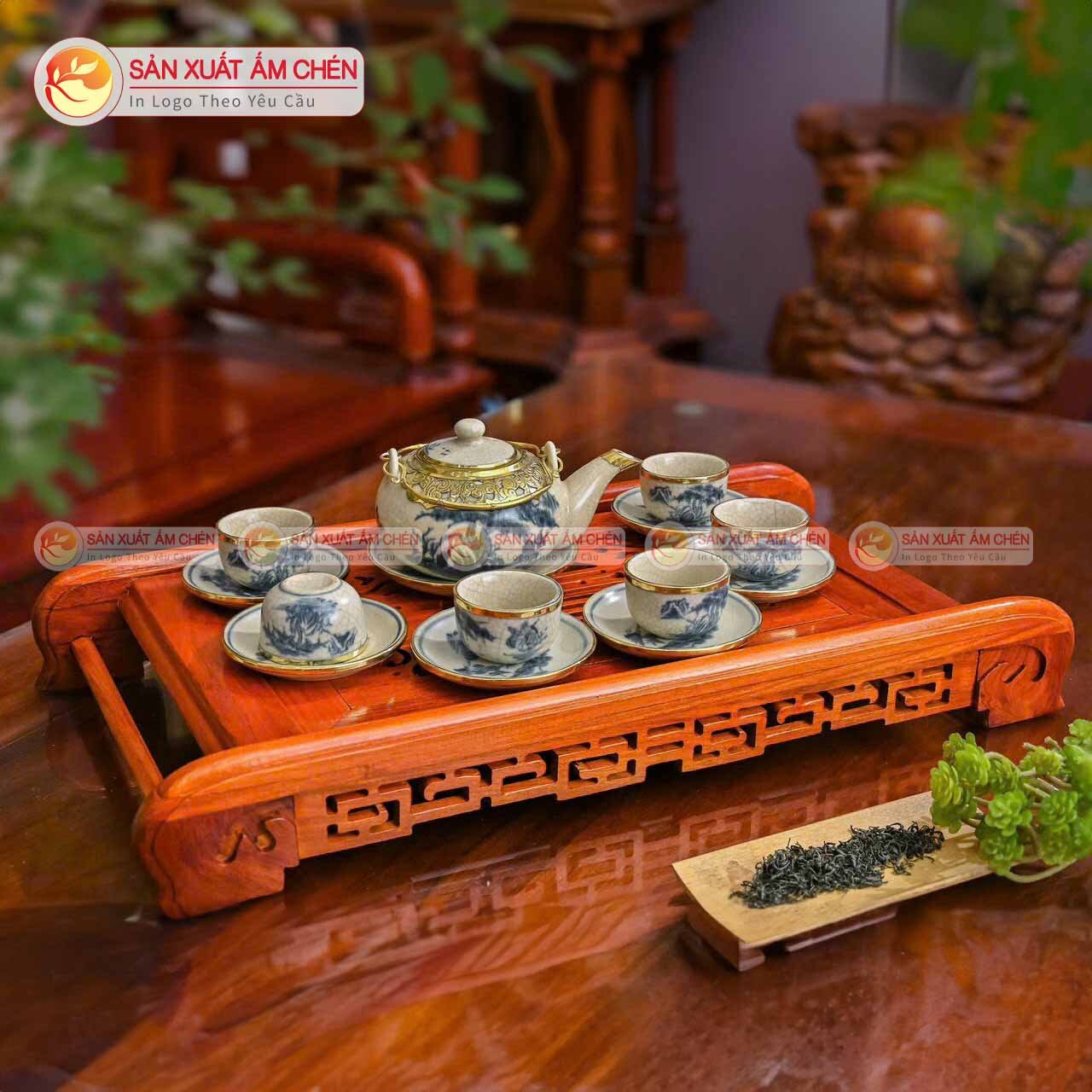 Bộ Ấm Trà Men Rạn Vẽ Sơn Thuỷ Dáng Tròn Dẹp