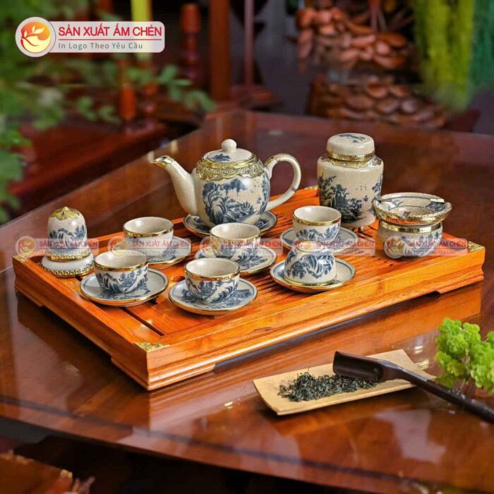 Bộ Ấm Chén Men Rạn Cổ Bọc Đồng Họa Tiết Sơn Thủy