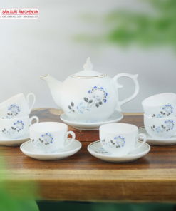 Bộ Ấm Chén Ngọn Lửa Chỉ Vàng Vẽ Hoa Xanh