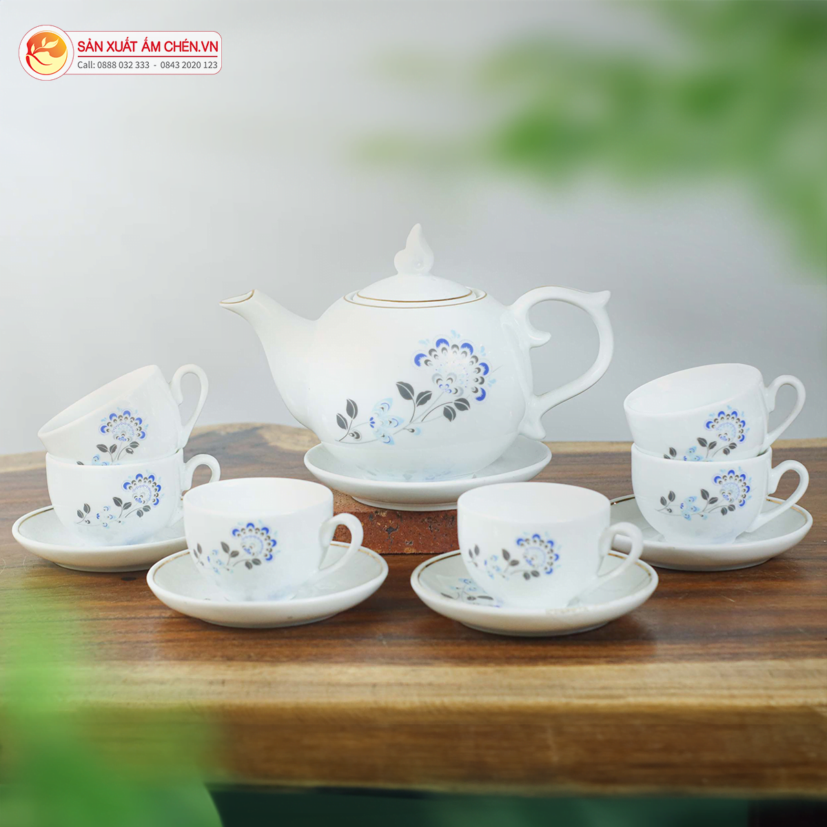 Bộ Ấm Chén Ngọn Lửa Chỉ Vàng Vẽ Hoa Xanh
