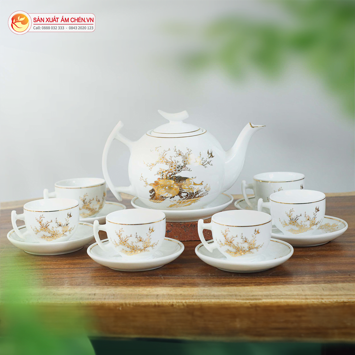 Bộ Ấm Chén Trăng Khuyết Mùa Xuân Vẽ Vàng Kim