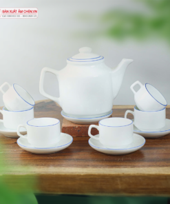 Bộ Ấm Chén Vuông Cao Sứ Bát Tràng Kẻ Chỉ Xanh
