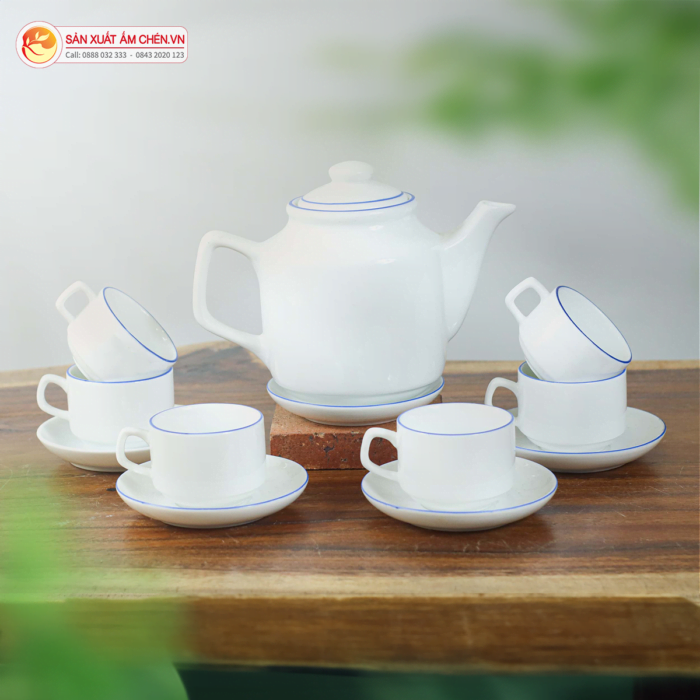 Bộ Ấm Chén Vuông Cao Sứ Bát Tràng Kẻ Chỉ Xanh