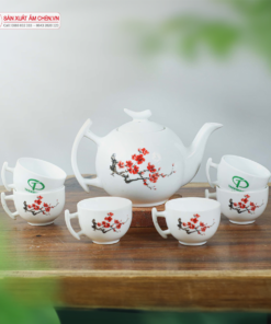 Bộ Ấm Chén Trăng Khuyết Vẽ Hoa Đỏ