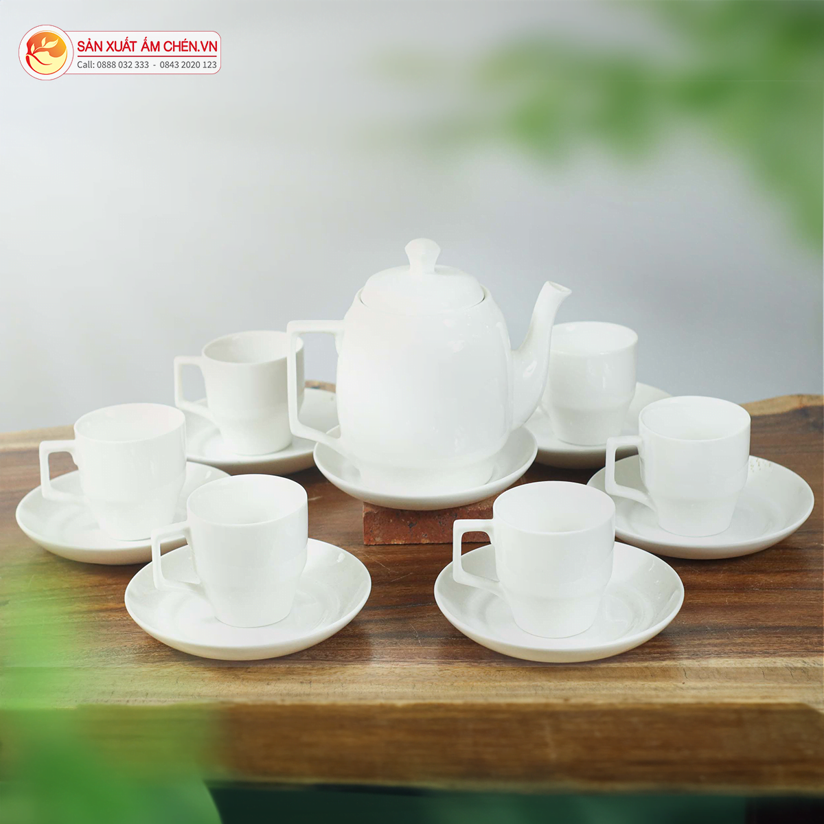 Bộ Ấm Chén Vuông Cao Sứ Trắng Bát Tràng