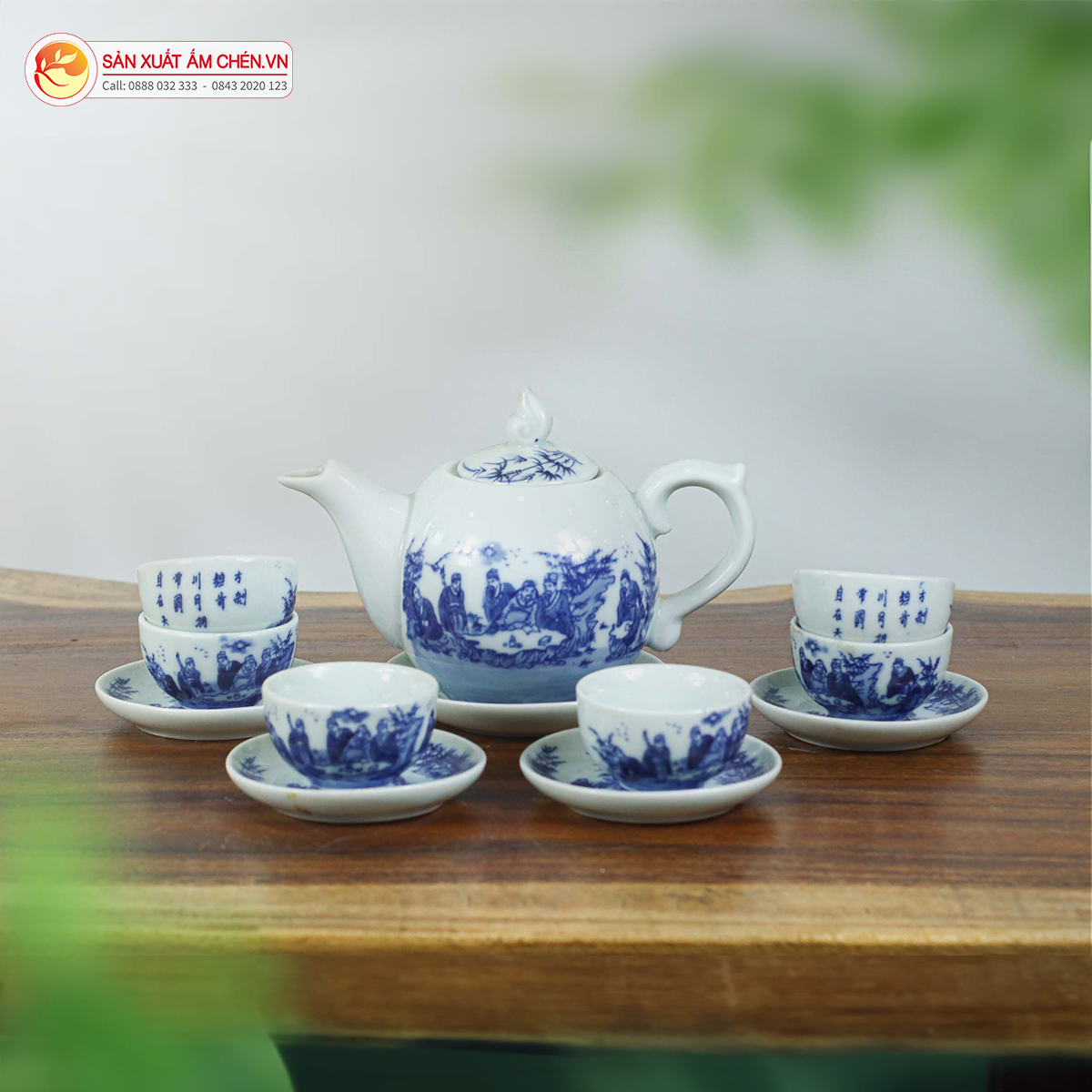 Bộ Ấm Chén Ngọn Lửa Men Lam Trúc Lâm Thất Hiền