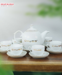 Bộ Ấm Chén In Logo Dáng Minh Long Kẻ Chỉ Vàng