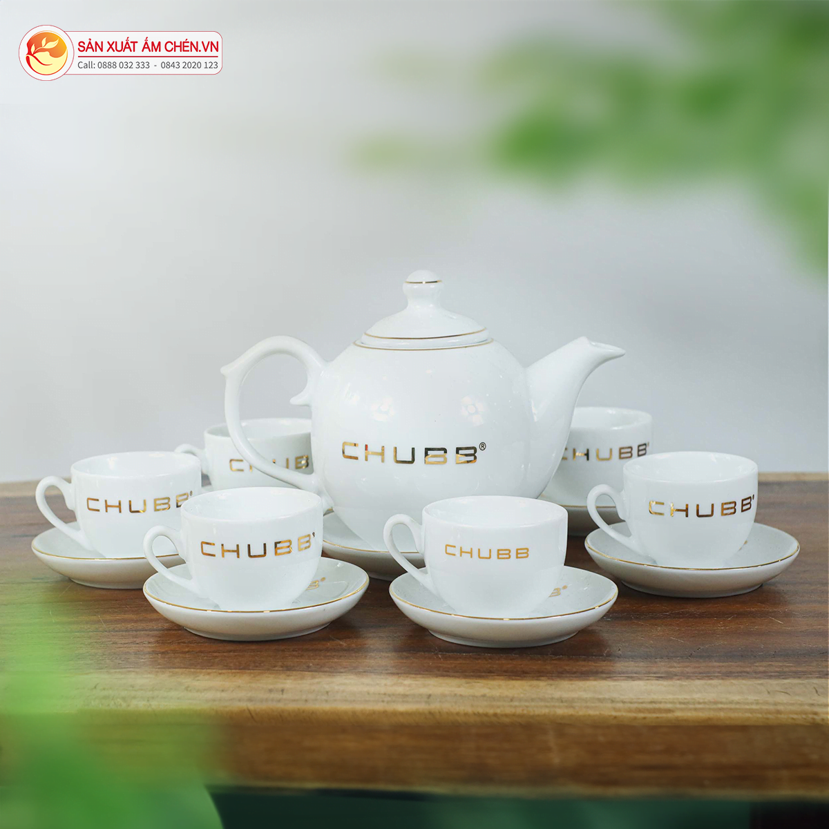 Bộ Ấm Chén In Logo Dáng Minh Long Kẻ Chỉ Vàng