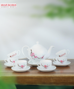 Bộ Ấm Chén Dáng Minh Long Vẽ Hoa Đào