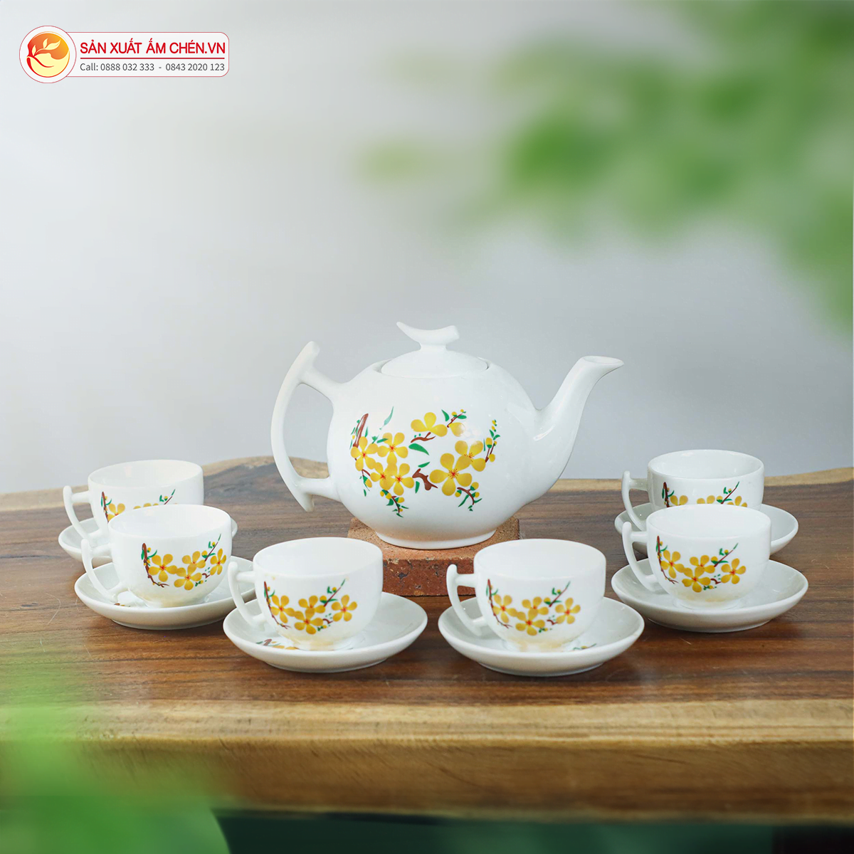 Bộ Ấm Trà Trăng Khuyết Vẽ Hoa Mai