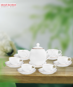 Bộ Ấm Chén Sứ Trắng Kẻ Chỉ Vàng Dáng Bầu Thuôn