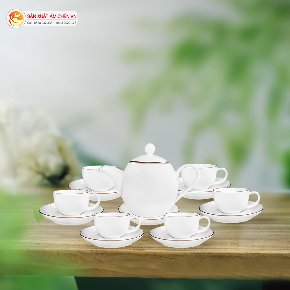 Bộ Ấm Chén Sứ Trắng Kẻ Chỉ Vàng Dáng Bầu Thuôn