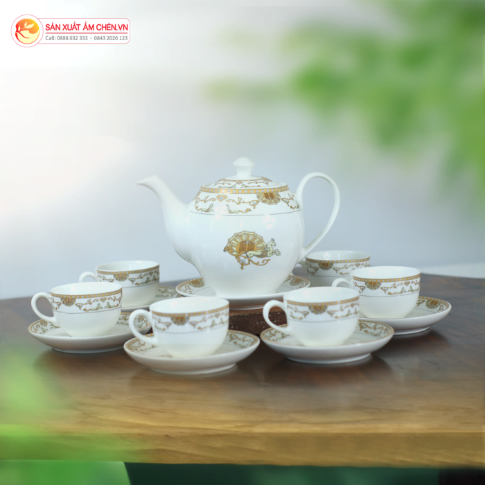 Bộ Ấm Chén Dáng Minh Long Viền Kim Cá Ngựa
