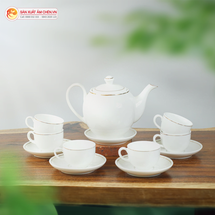 Bộ Ấm Chén Dáng Minh Long Kẻ Chỉ Vàng