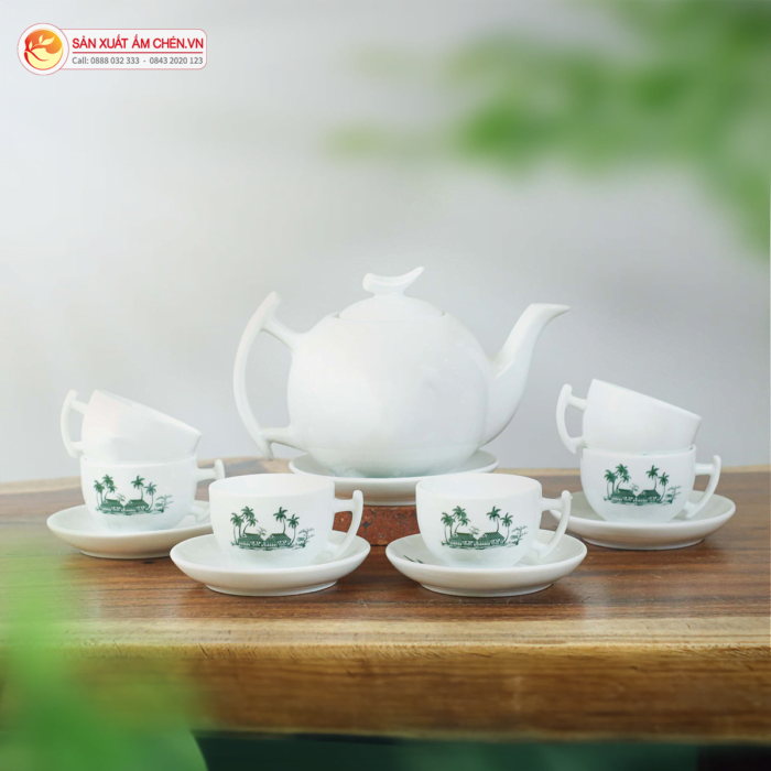 Bộ Ấm Chén Trăng Khuyết Vẽ Đồng Quê