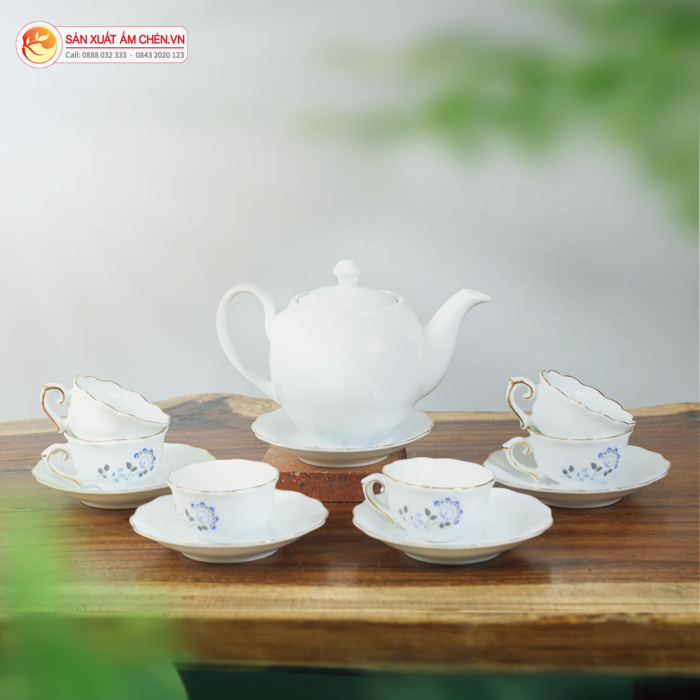 Bộ Ấm Chén Dáng Minh Long Hoa Mẫu Đơn Xanh