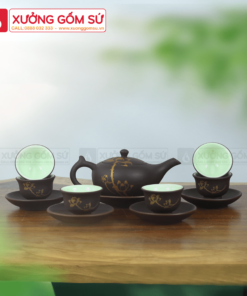 Bộ Ấm Chén Đèn Thần Sen Vàng Gốm Sứ Bát Tràng