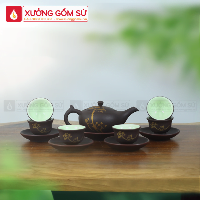 Bộ Ấm Chén Đèn Thần Sen Vàng Gốm Sứ Bát Tràng