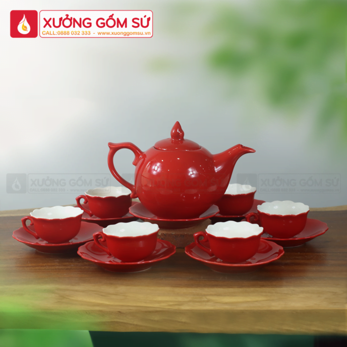 Bộ Ấm Chén Mẫu Đơn Sứ Bát Tràng Men Đỏ