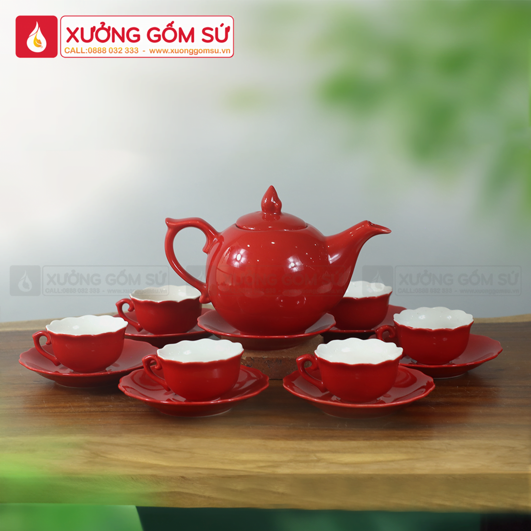 Bộ Ấm Chén Mẫu Đơn Sứ Bát Tràng Men Đỏ