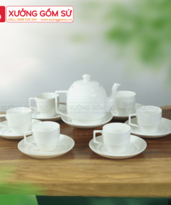 Bộ Ấm Chén Vuông Cao Sứ Trắng Bát Tràng