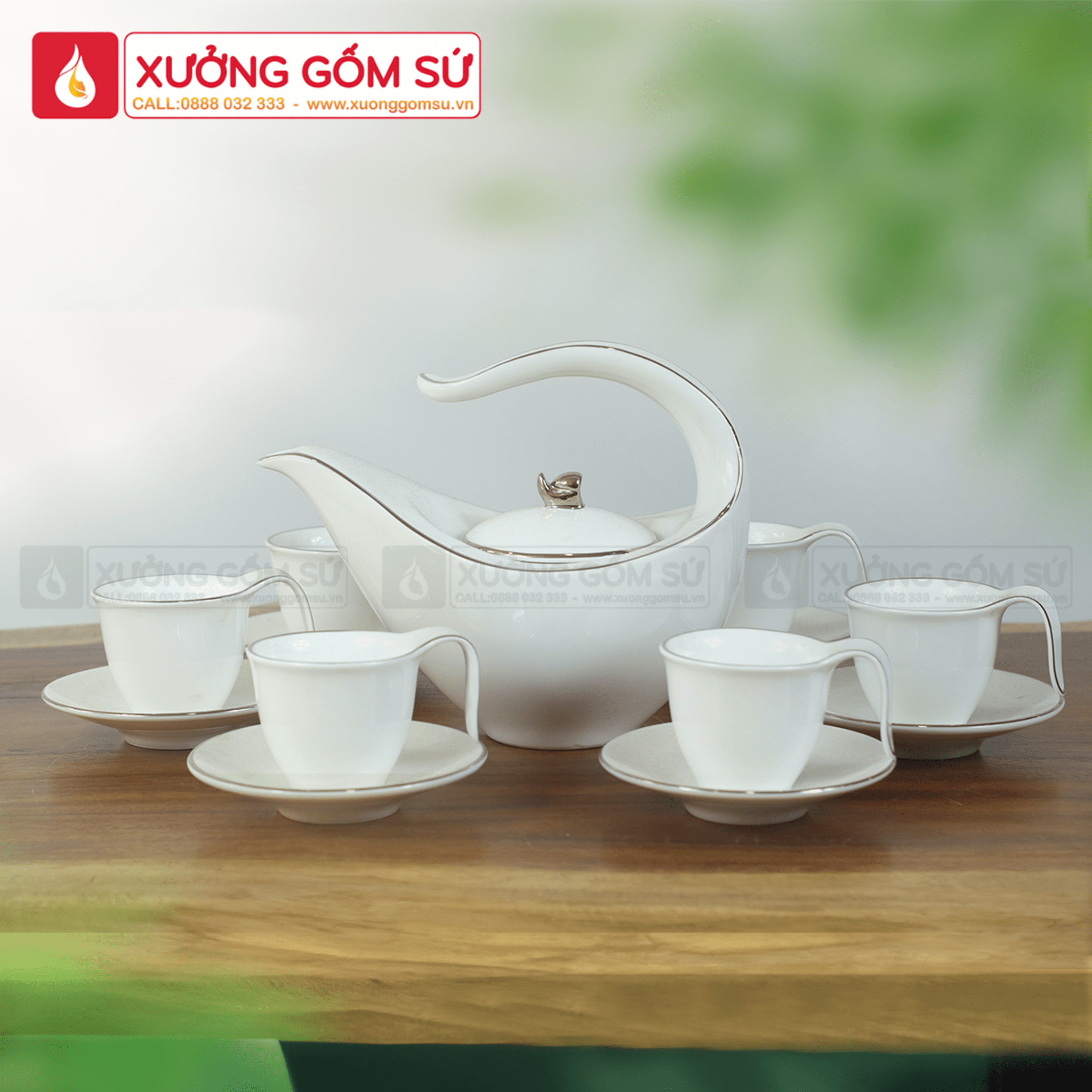 Bộ Ấm Chén Bát Tràng Anh Vũ Kẻ Chỉ Vàng