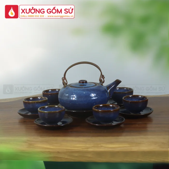 Bộ Ấm Chén Bát Tràng Dáng Giỏ Cua Men Hỏa Biến