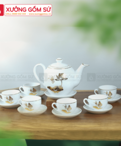 Bộ Ấm Chén Dáng Minh Long Sen Vàng
