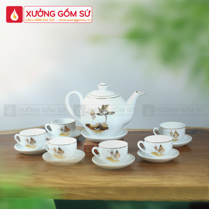 Bộ Ấm Chén Dáng Minh Long Sen Vàng