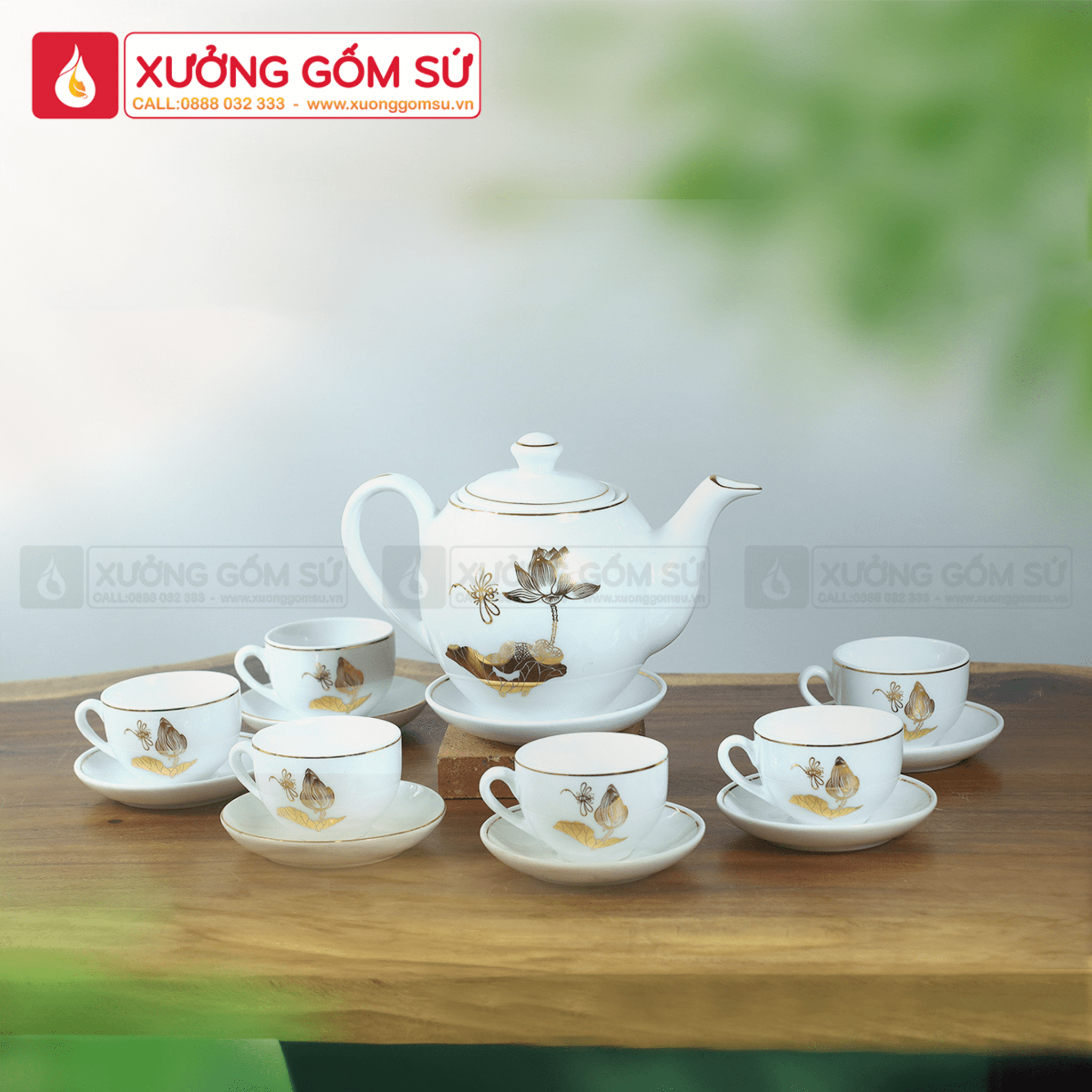 Bộ Ấm Chén Dáng Minh Long Sen Vàng