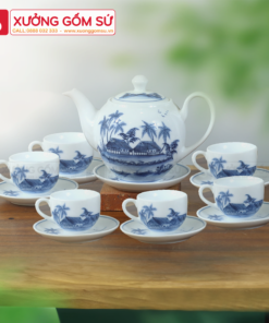 Bộ Ấm Chén Dáng Minh Long Men Lam Vẽ Đồng Quê