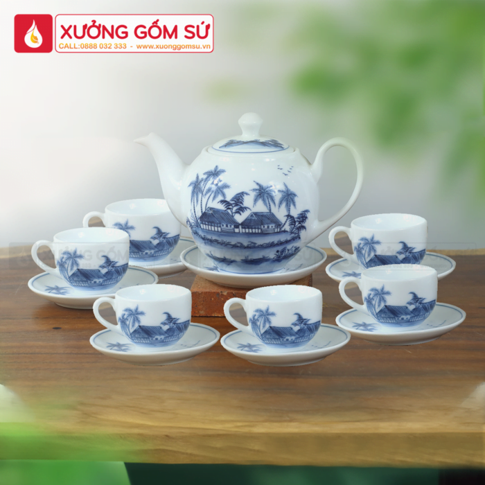 Bộ Ấm Chén Dáng Minh Long Men Lam Vẽ Đồng Quê