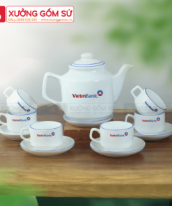 Bộ Ấm Chén Vuông Cao Sứ Bát Tràng Kẻ Chỉ Xanh