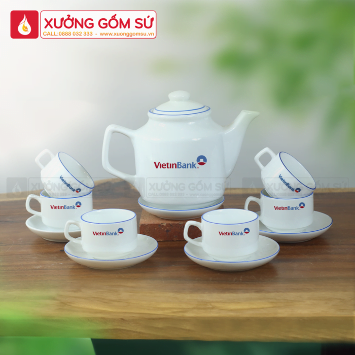 Bộ Ấm Chén Vuông Cao Sứ Bát Tràng Kẻ Chỉ Xanh