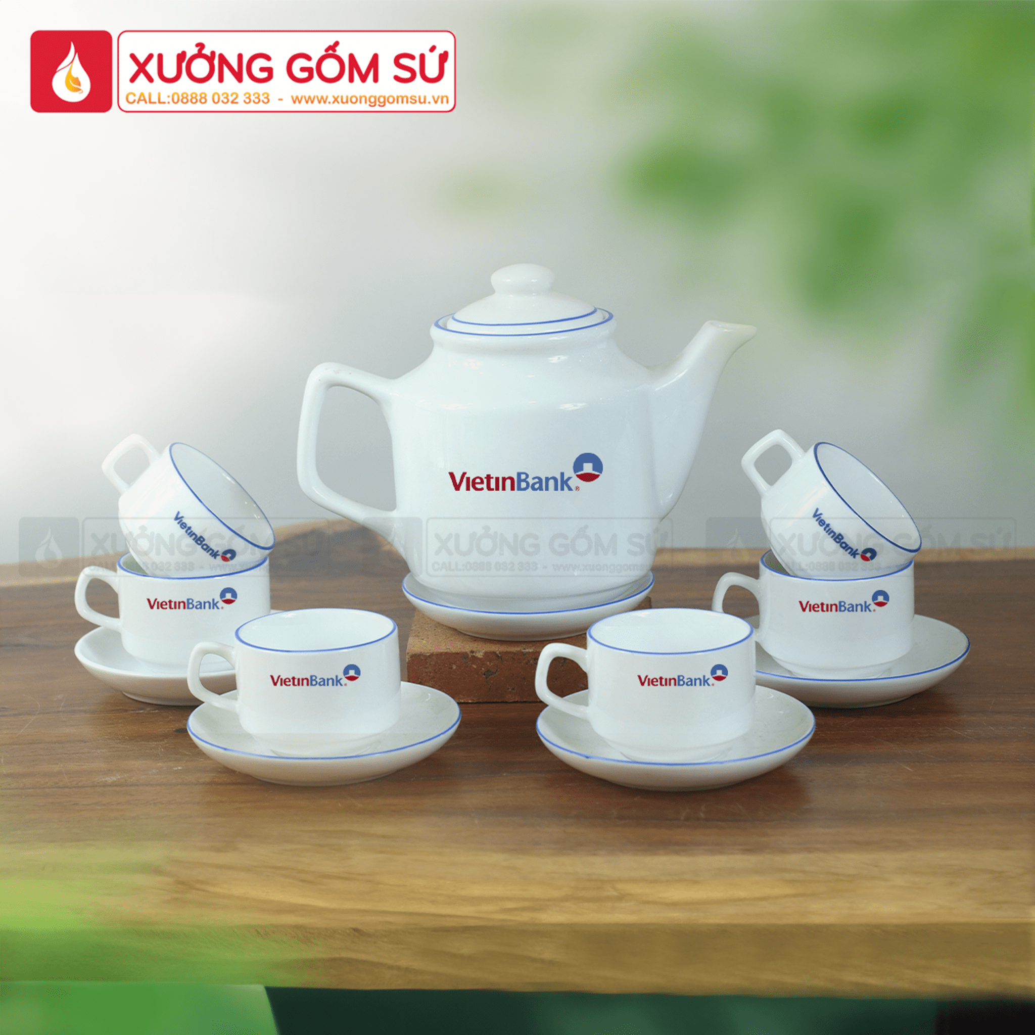 Bộ Ấm Chén Vuông Cao Sứ Bát Tràng Kẻ Chỉ Xanh