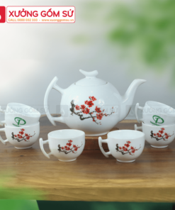 Bộ Ấm Chén Trăng Khuyết Vẽ Hoa Đỏ